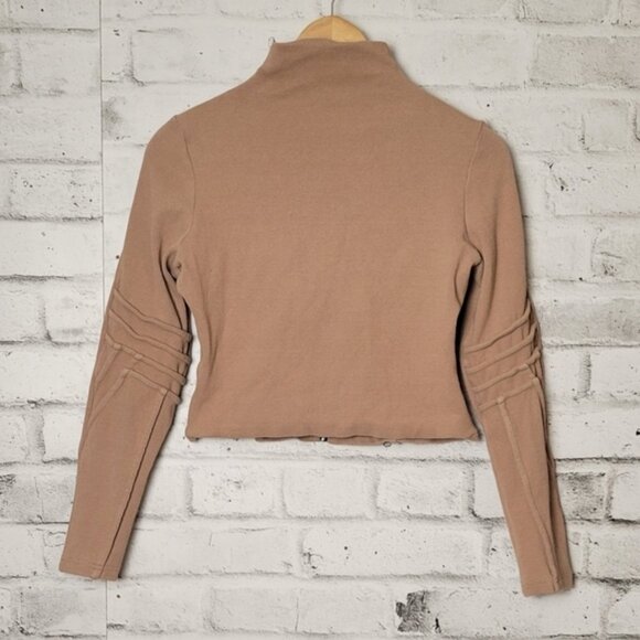 BBXBRAND Luxury Brown Ribbed Zip-Up Cropped Long Sleeve Top - Picture 2 of 7